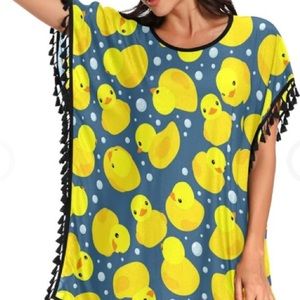 Women’s swimsuit Cover Up Tassel Chiffon Rubber Duckie NEW size Large Or Costume